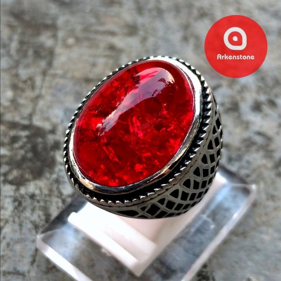 Luxe Titanium Ring met Rode Retak Seribu Agaat CAS02, Sieraden, Tassen en Uiterlijk, Ringen, Overige materialen, 20 of groter