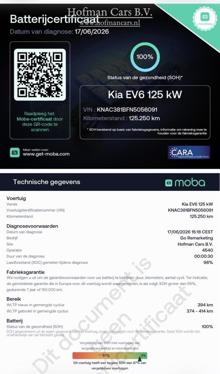Kia EV6 Air 58 kWh | SOH 100% (MOBA) | BTW Auto | NAP | Fabr, Gebruikt, Blauw, Leder en Stof, 17 min