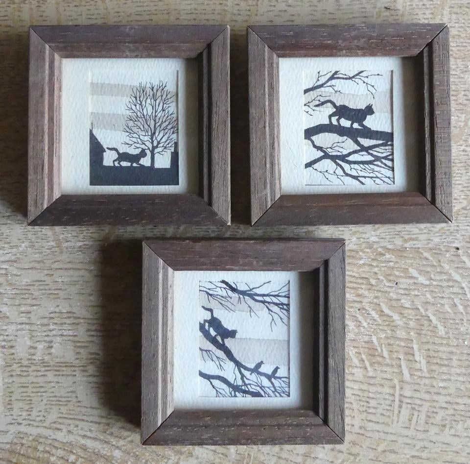Poezenprentjes zwart/wit prentje katten prentjes 3x tekening, Gebruikt, Ophalen of Verzenden, Ingelijst, 8 cm