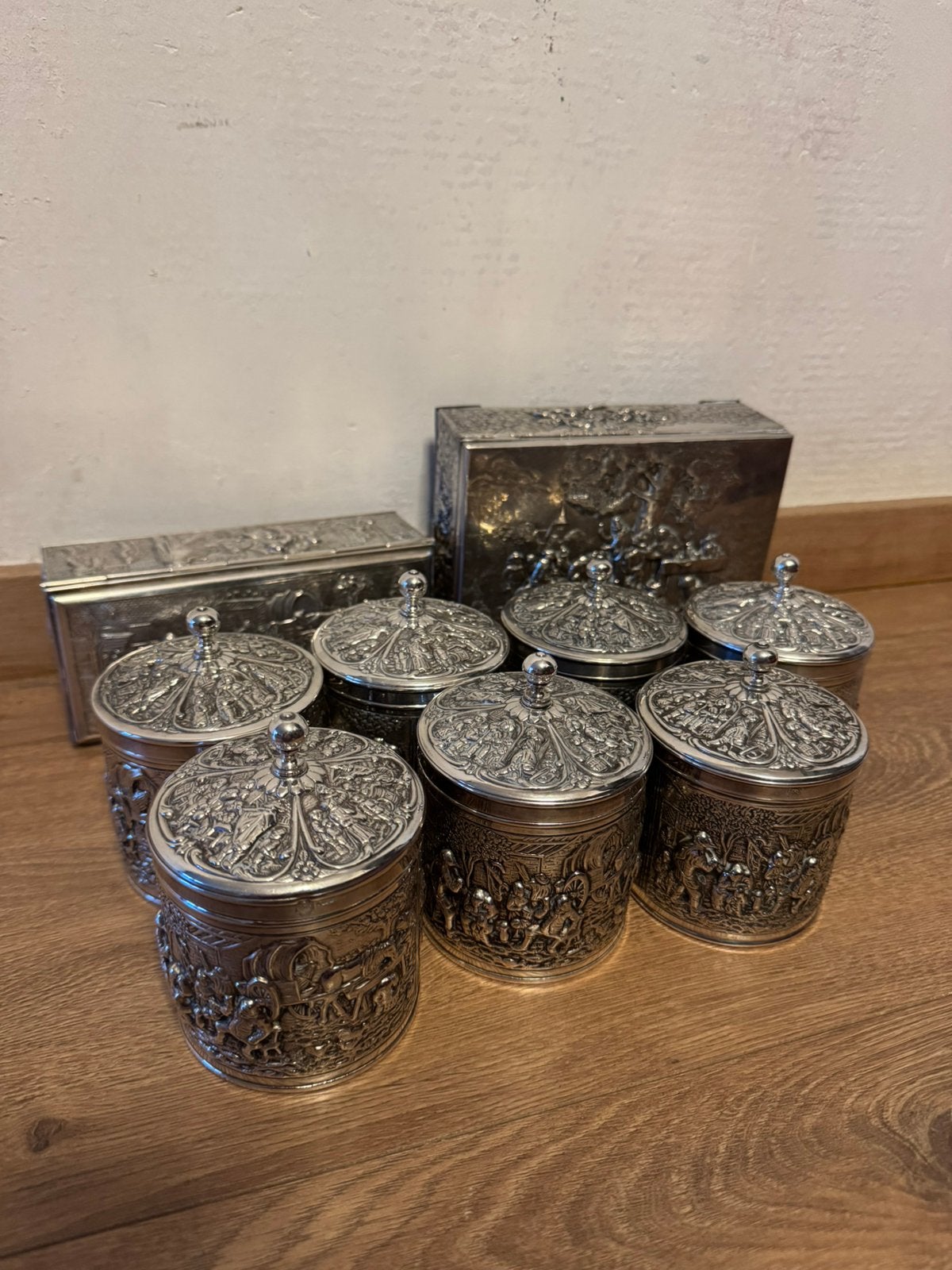 Set Douwe Egberts / H. Hooijkaas verzilverde theebussen e.d., Gebruikt, Overige merken, Vintage, Ophalen of Verzenden
