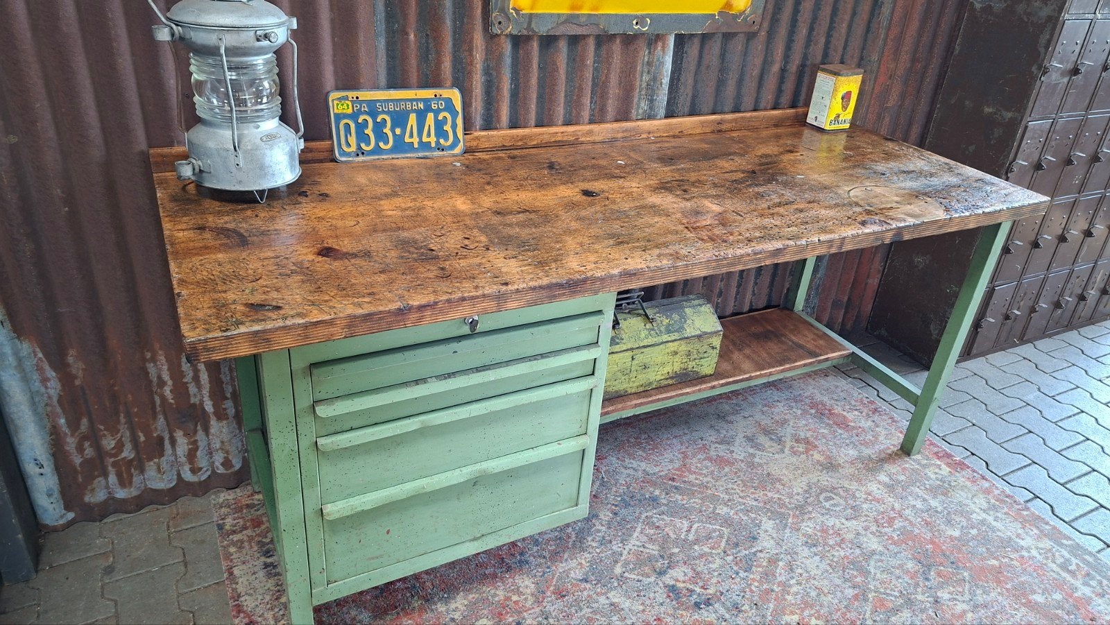 Vintage industriële werkbank met lades - Groen, Ophalen, Gebruikt