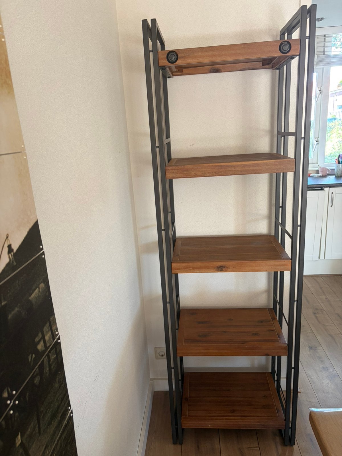 Industriële houten kast / stelling – zwart metaal & hout, Ophalen, Gebruikt