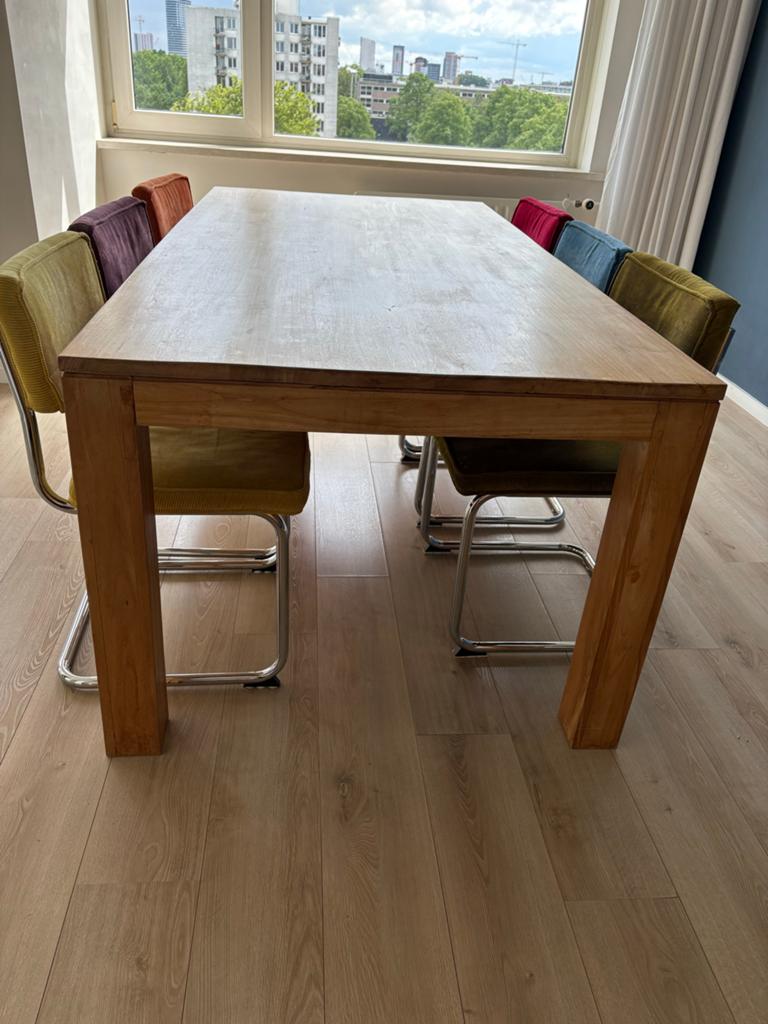 Teak houten tafel 200x100 met 6 stoelen met chroom accenten, Huis en Inrichting, Tafels | Eettafels, Ophalen, Gebruikt, 100 tot 150 cm