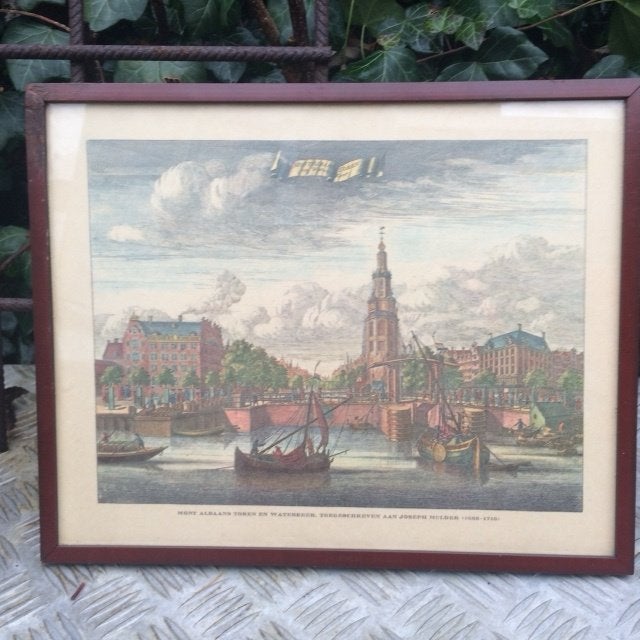 ingelijste ingekleurde ets,gravure,prent??  Amsterdam, 28 cm, Ets, Stadsgezicht, Ingelijst