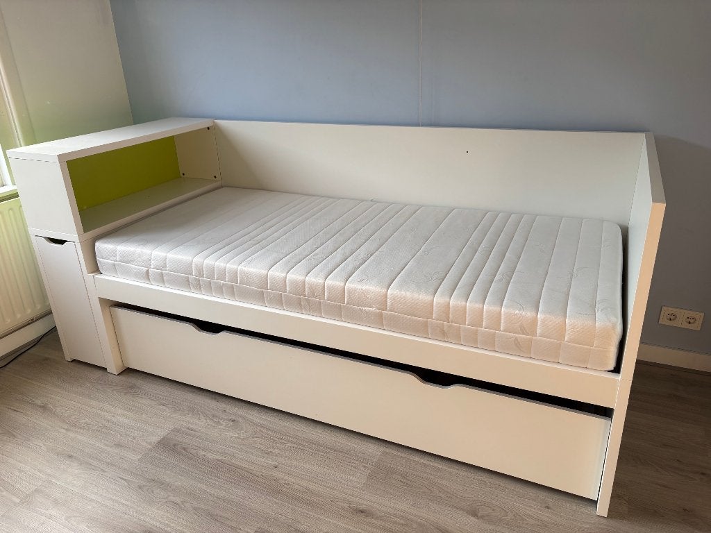 Bed Ikea Flaxa met onderschuifbed 90x200, Ophalen, 90 cm, Eenpersoons, Wit