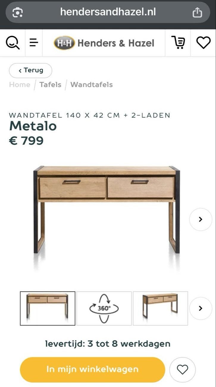 Henders & Hazel Metalo wandtafel 140 cm – * SHOWROOM MODEL*, Huis en Inrichting, Tafels | Bijzettafels, Nieuw, H&H, Ophalen of Verzenden