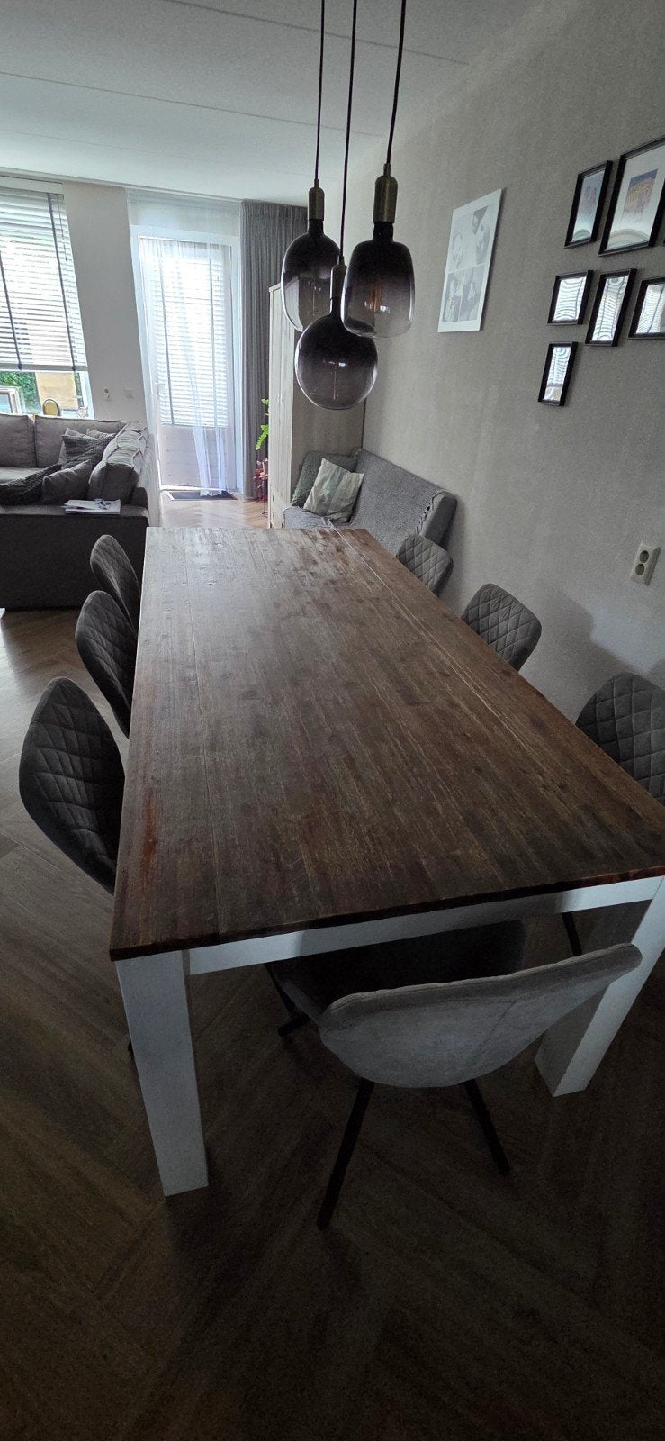 Robuuste eettafel met wit onderstel, Ophalen, Gebruikt, 200 cm of meer, 50 tot 100 cm