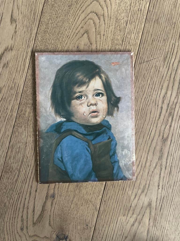 Retro Schilderij: Huilend Kind (Zigeunerstijl) - 15x25 cm, Ophalen of Verzenden
