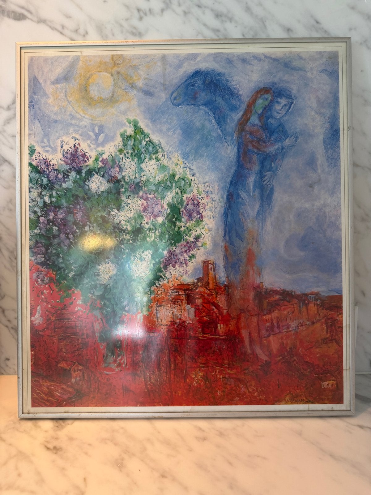 Kleurrijke print in de stijl van Marc Chagall, Antiek en Kunst, Kunst | Schilderijen | Klassiek, Achter glas, Expressionistisch