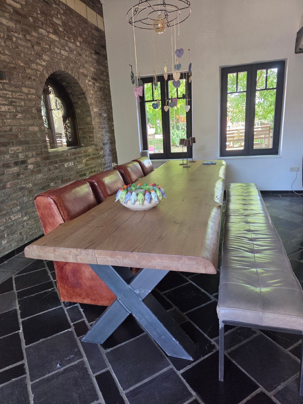 tafel 3.50 (verkocht) bank 3 mt grey + 4 cognac fauteuil, Ophalen, Zo goed als nieuw, 4 tot 6 stoelen