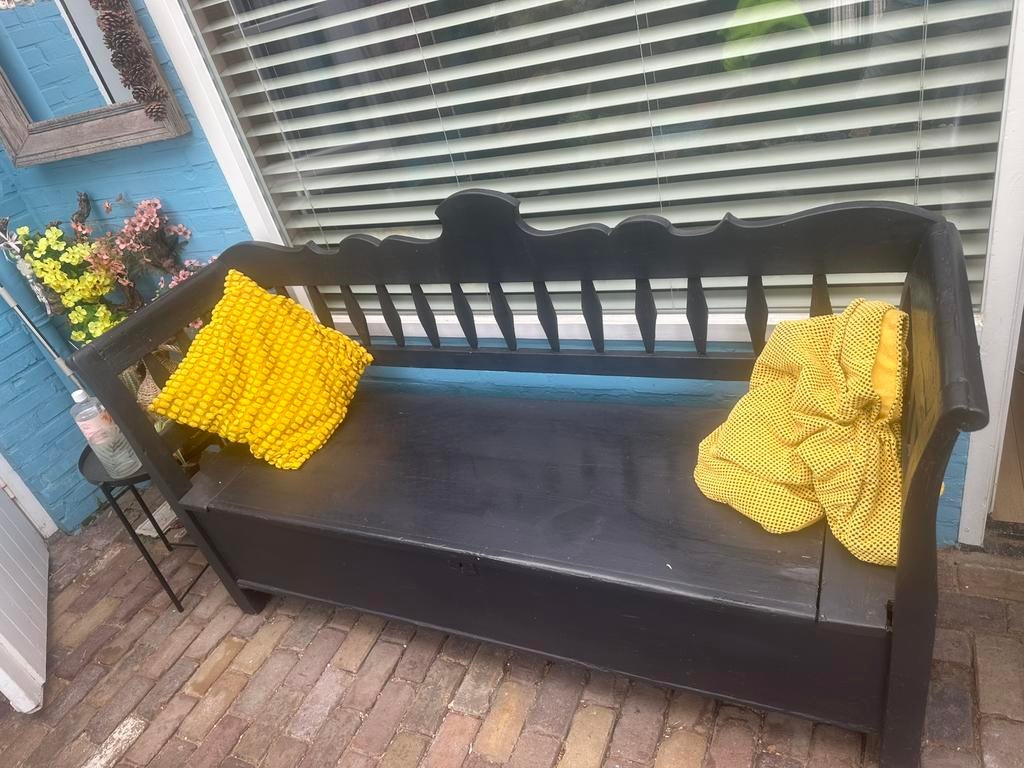 Stoere zwarte oude  klepbank 180 cm breed, Ophalen of Verzenden