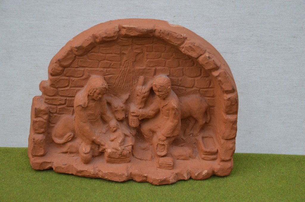 Bijzondere terracotta kerststal met Maria, Josef en kind 25c, Diversen, Ophalen of Verzenden, Gebruikt