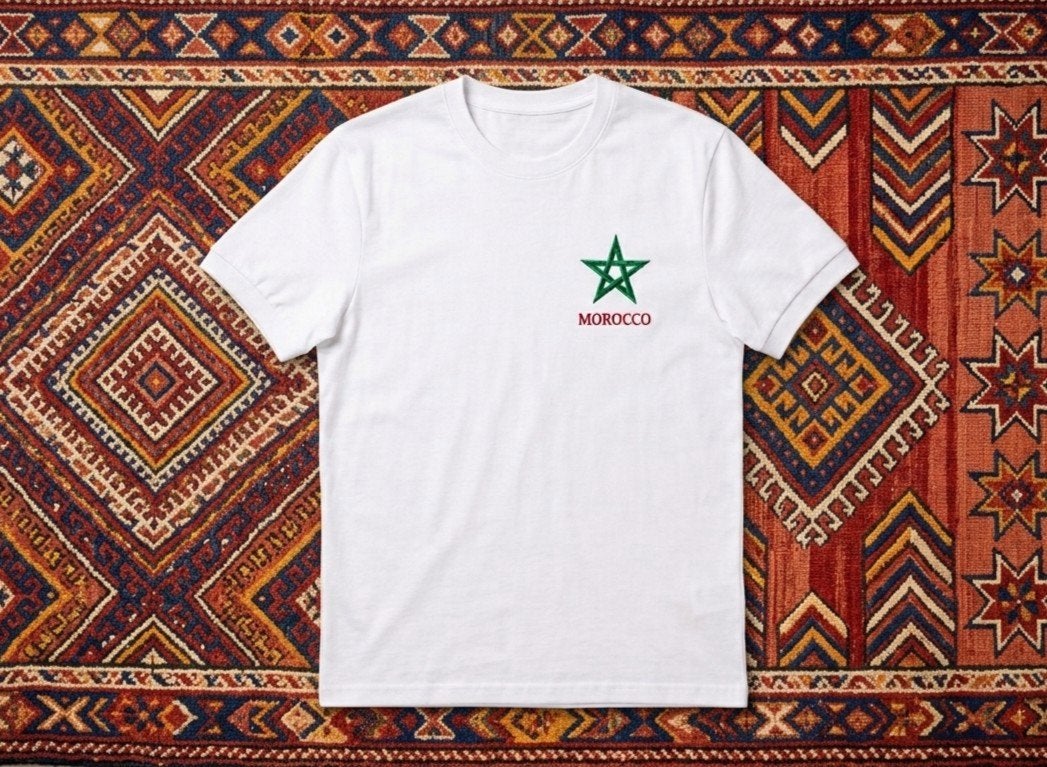 Wit T-shirt met Marokkaanse ster en 'Morocco' opdruk, Wit, Zelfgemaakt, Nieuw, Overige maten