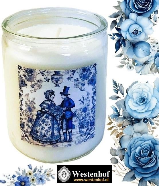 Kaars in glas wit met romantische man vrouw delfts blauw, Overige materialen, Verzenden, Wit, Nieuw