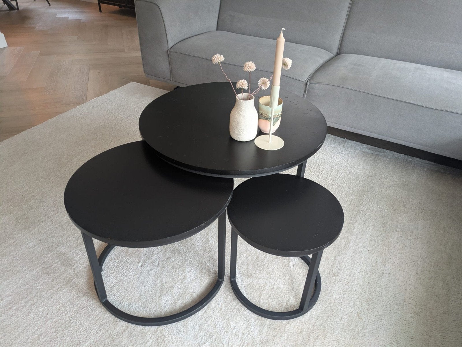 Set van 3 zwarte ronde salontafels, Ophalen, Gebruikt, 50 tot 100 cm, Overige materialen