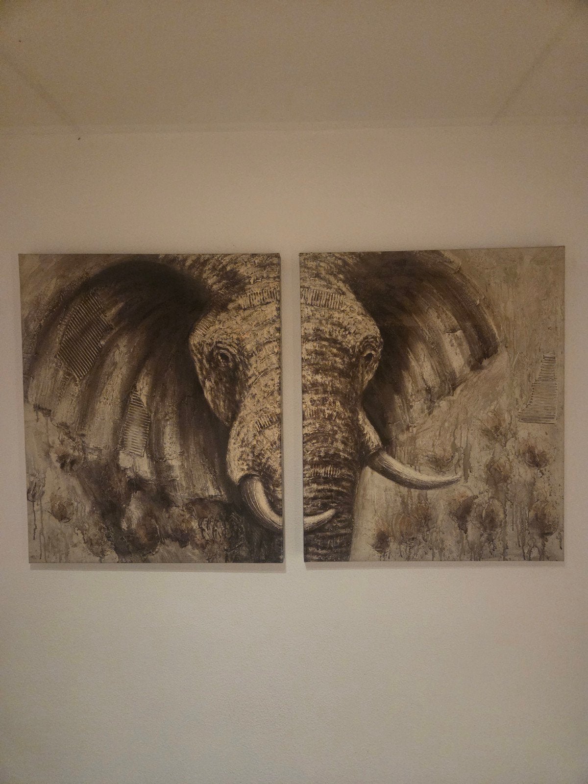 2-luik Schilderij Olifant - 75x90 cm per luik, Ophalen of Verzenden, Textiel, Met textuur, Dieren