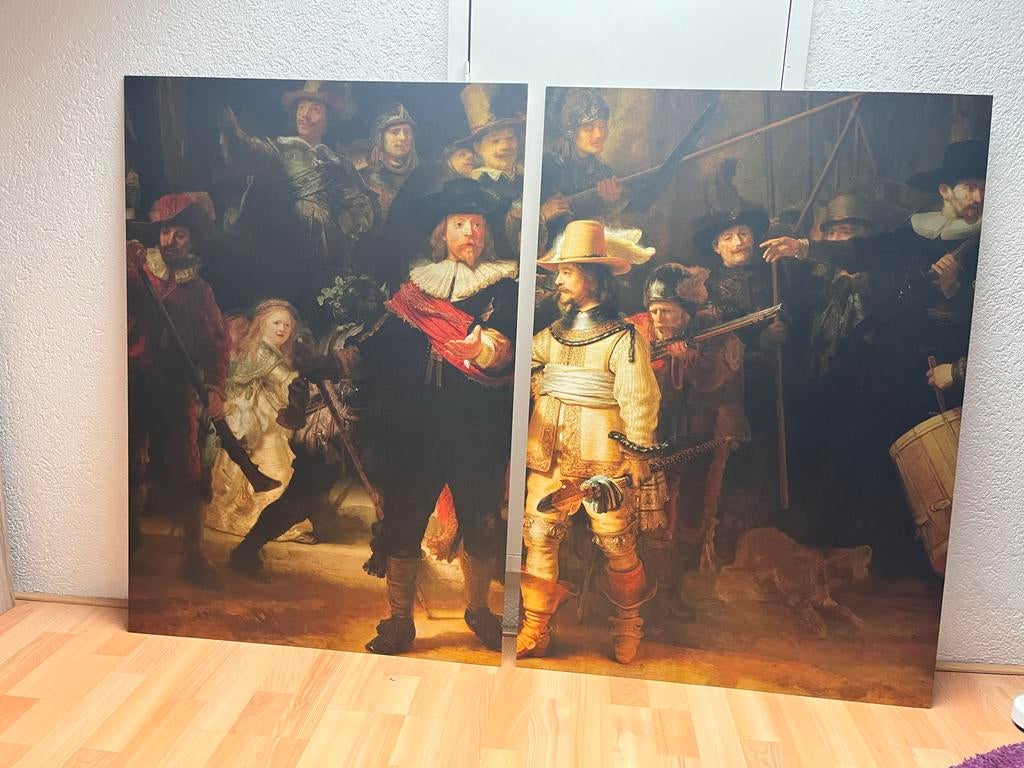 Nachtwacht canvas - 2 panelen - geborsteld aluminium, Ophalen, Overige materialen, 125 cm of meer, Zo goed als nieuw