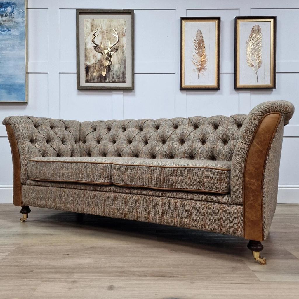 Chesterfield stof 2,5 Zits bank Harris tweed / leer klassiek, Huis en Inrichting, Banken | Bankstellen, Nieuw, 75 tot 100 cm, Stof