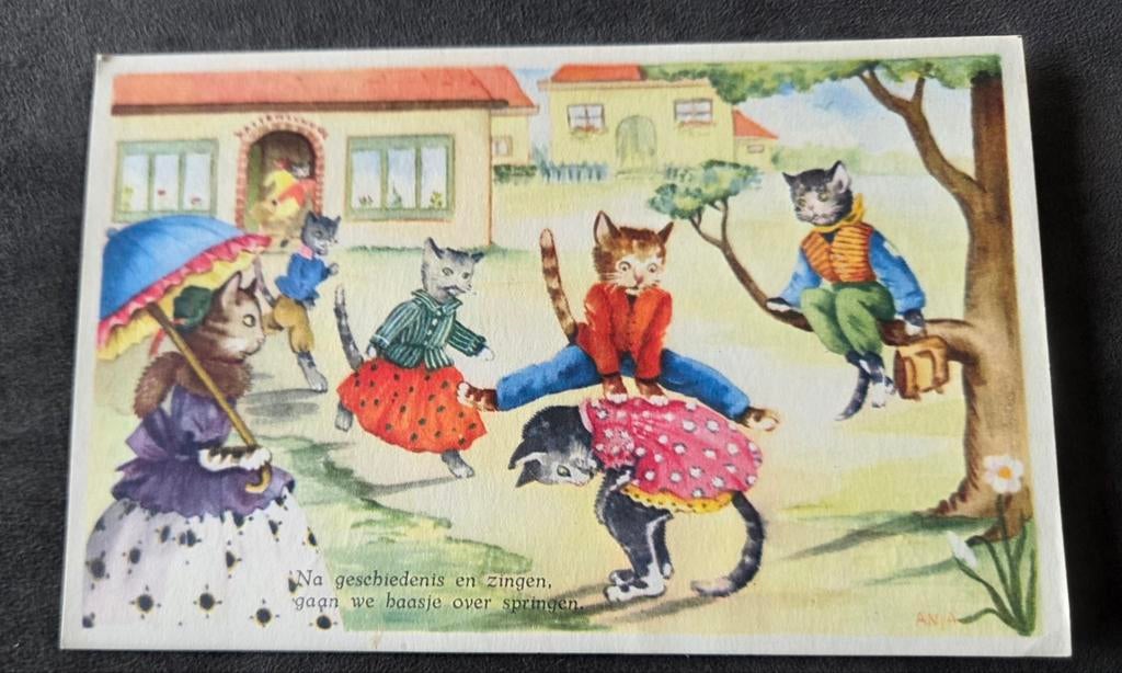 Katten spelen op het schoolplein, Verzenden, 1940 tot 1960, Gelopen, Kinderen