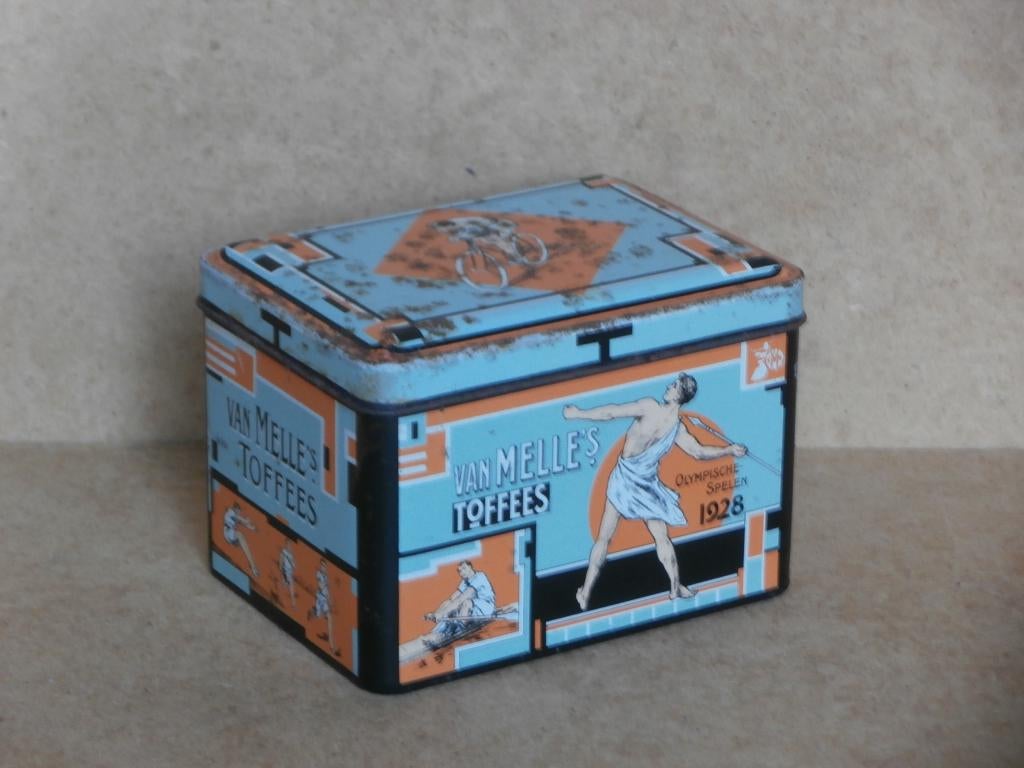 Vintage blikje van Melle's Toffees Olympische Spelen 1928, Ophalen of Verzenden, Gebruikt, Koek(jes)