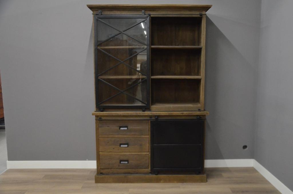 Teak vitrinekast 150 cm – Industrieel, Ophalen, 200 cm of meer, Nieuw, Met deur(en)