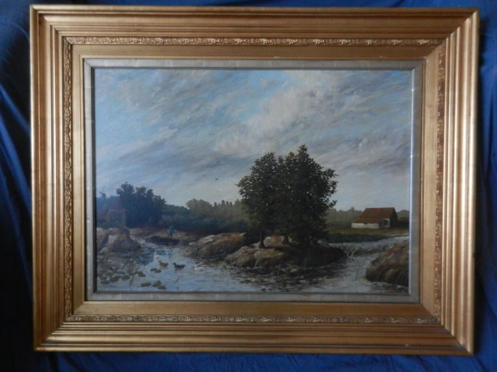 SALE Olieverf op doek Rivierlandschap LA Jongmans 60x85 cm, Ophalen