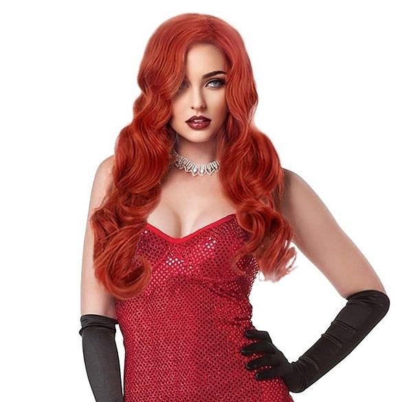 Sexy Jessica Rabbit pruik lang rood haar met slagen, Ophalen of Verzenden, Nieuw, Pruik of Haarverlenging