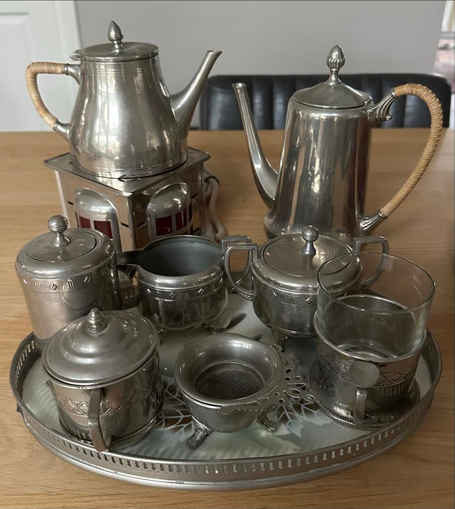Verzilverd theeservies met warmhoudplaat, jaren 50, Antiek en Kunst, Antiek | Tin, Ophalen of Verzenden
