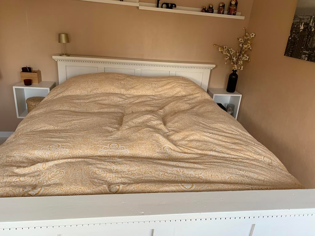 Mooi tweepersoons bed met lades, massief hout, wit, Ophalen, Wit, Modern klassiek, Tweepersoons