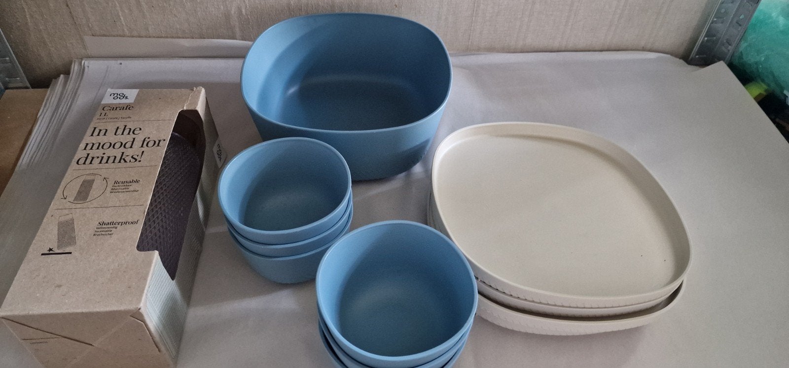 ah moods buitenservies buiten servies kommen borden karaf, Ophalen of Verzenden, Gebruikt, Kunststof, Bord(en)