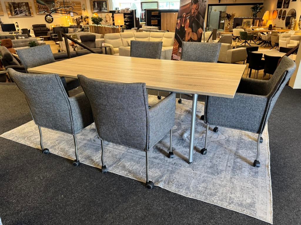 vergardertafel licht eiken 220/110 met 6 stoelen, Huis en Inrichting, Tafels | Eettafels, 100 tot 150 cm, Mwonenenslapen@ziggo.nl