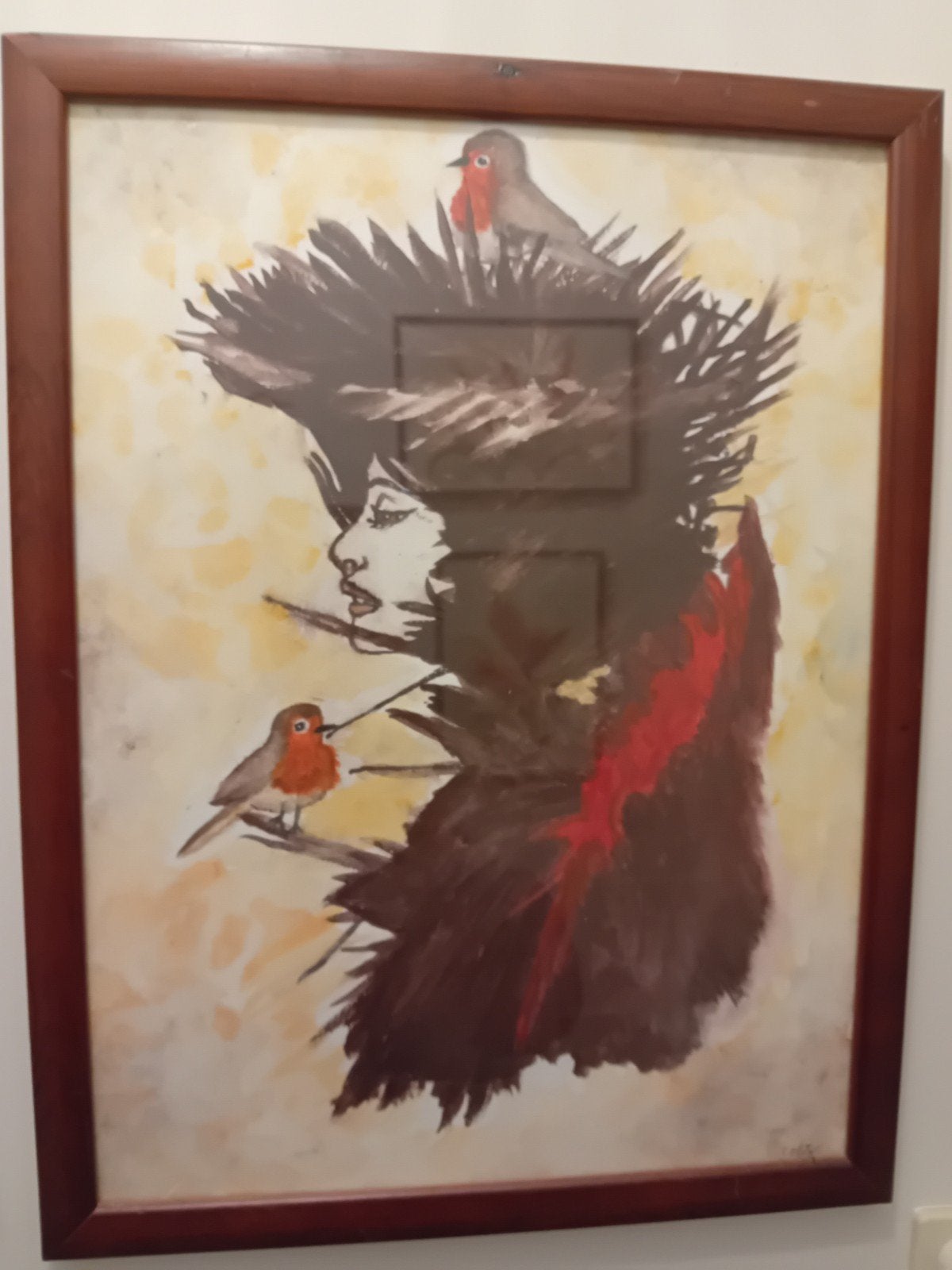 Aquarel van vrouw met vogels in lijst, Ophalen, Achter glas, Aquarel, Overige onderwerpen