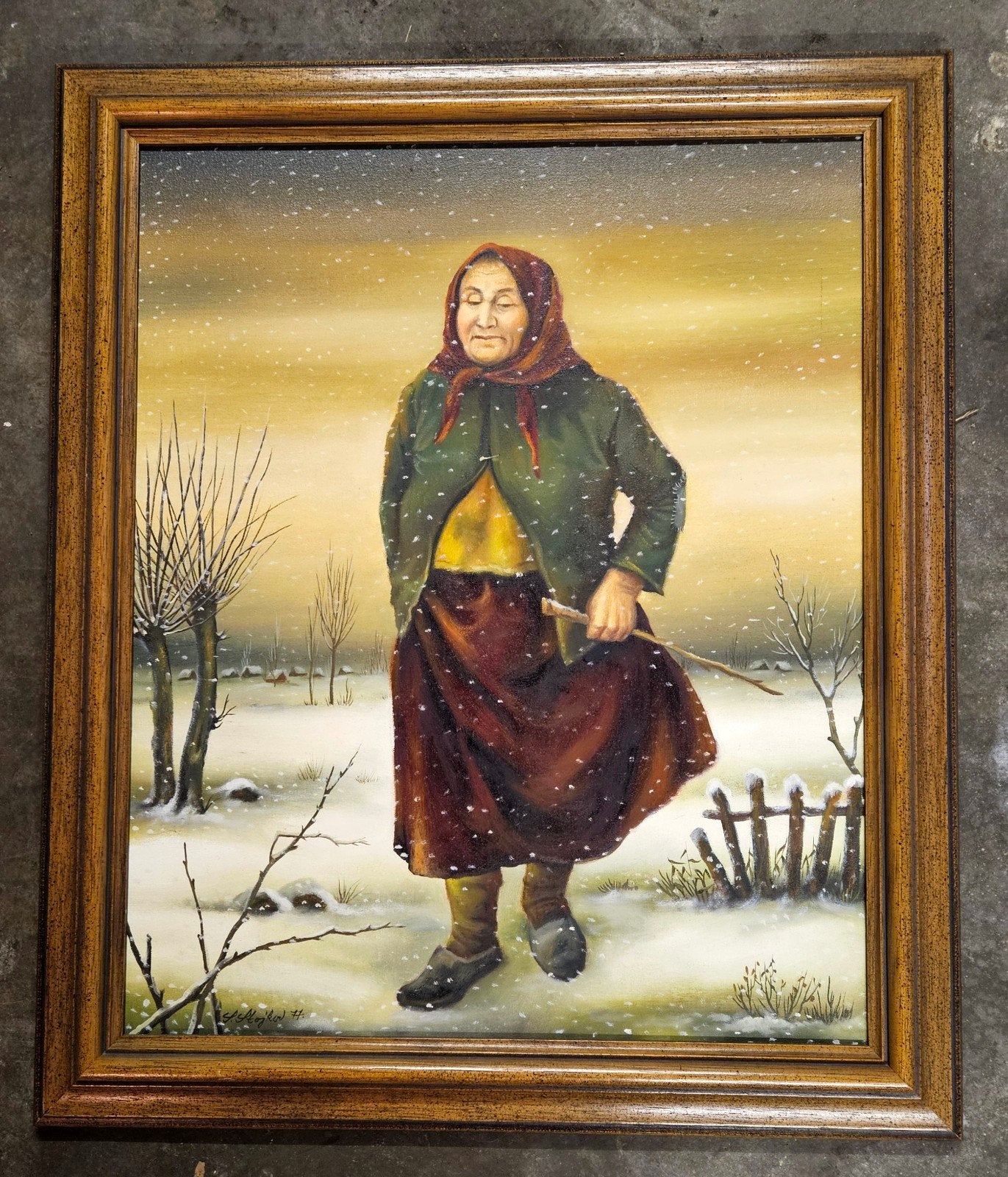 J. Stoikov - Vrouw in winterlandschap (1977), Antiek en Kunst, Kunst | Schilderijen | Klassiek, Doek, Portret of Personen, Realistisch
