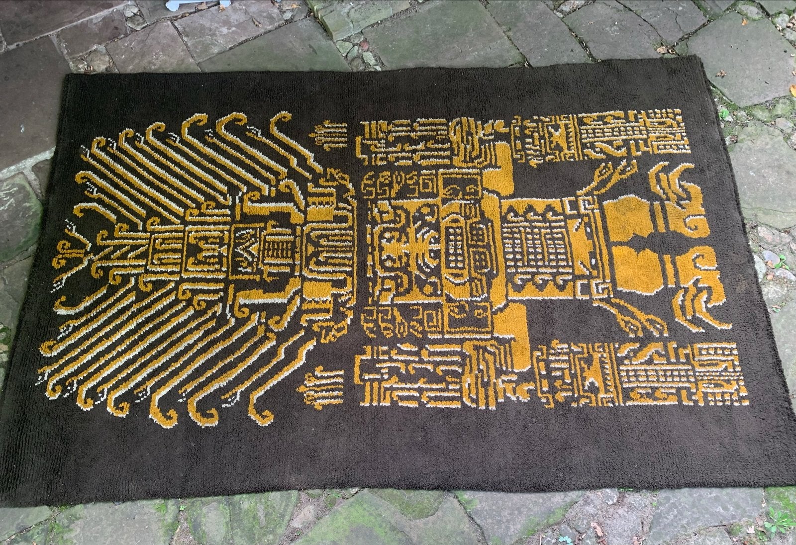 Vintage jaren 70 vloerkleed met Azteekse print - Bruin/Geel, Ophalen, Gebruikt, Bruin, 150 tot 200 cm