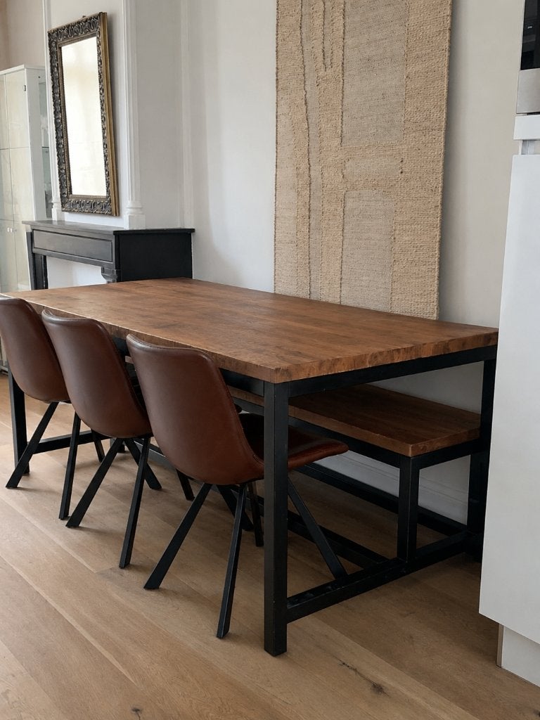 Industriële eettafelset 180x90, Ophalen, Gebruikt, 50 tot 100 cm, Vijf personen of meer