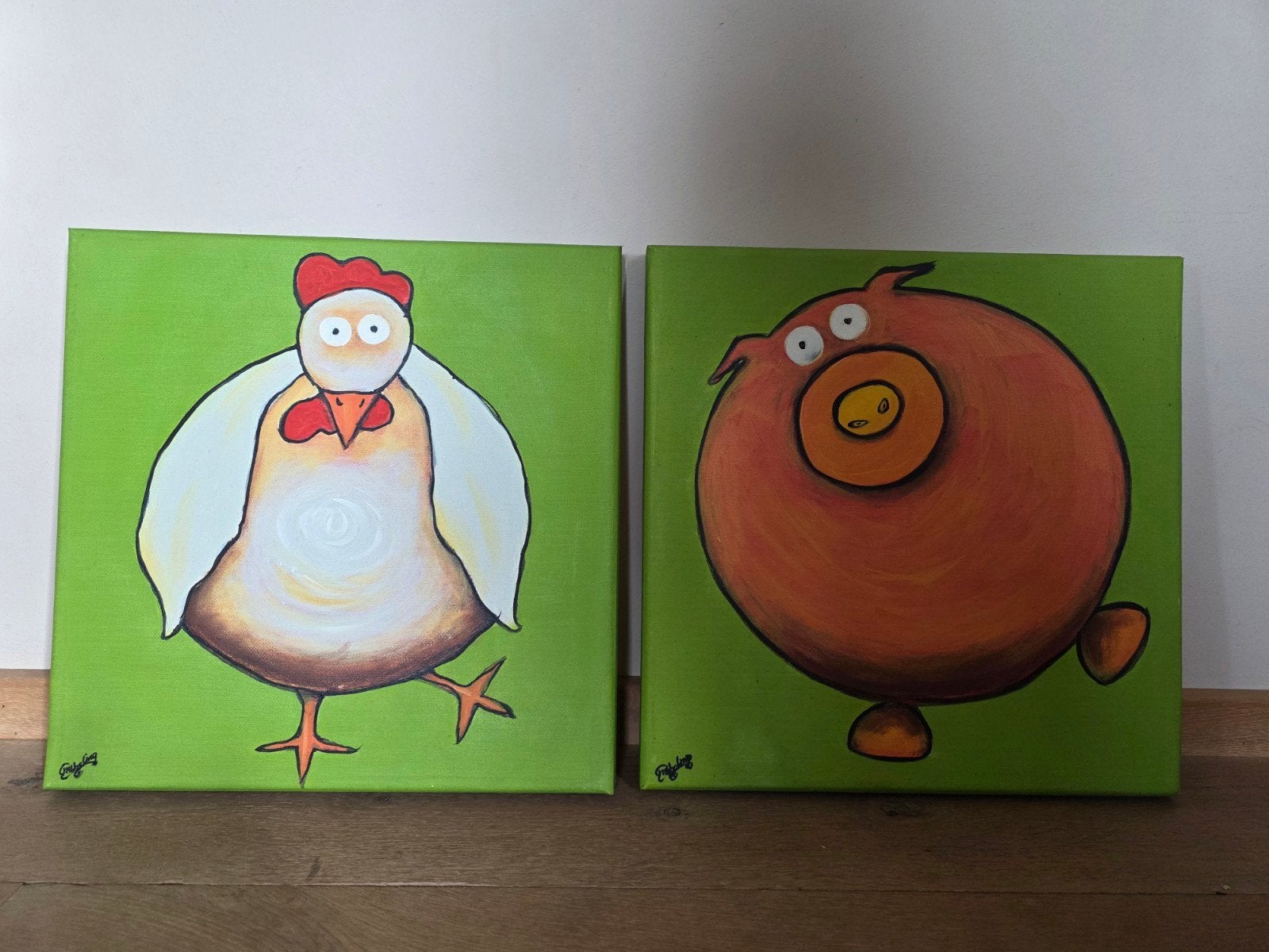Leuke canvas schilderijen: kip en varken, 40x40 cm, Groen, Ophalen of Verzenden, Gebruikt, Wanddecoratie