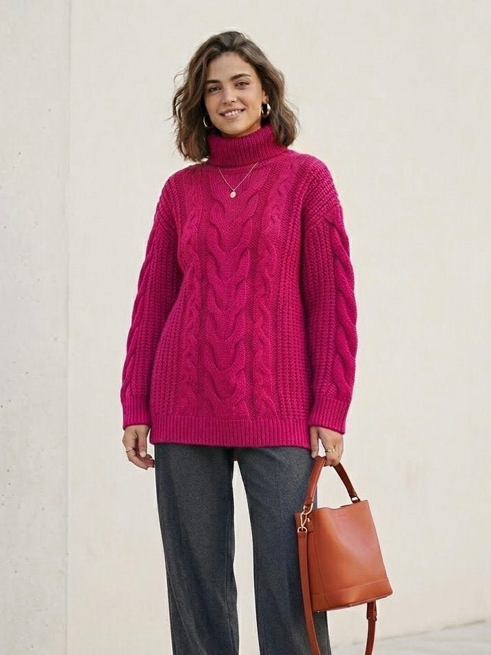 Grof gebreide coltrui fuchsia roze trui col kabeltrui XL 42, Ophalen of Verzenden, Nieuw, Maat 42/44 (L), Roze
