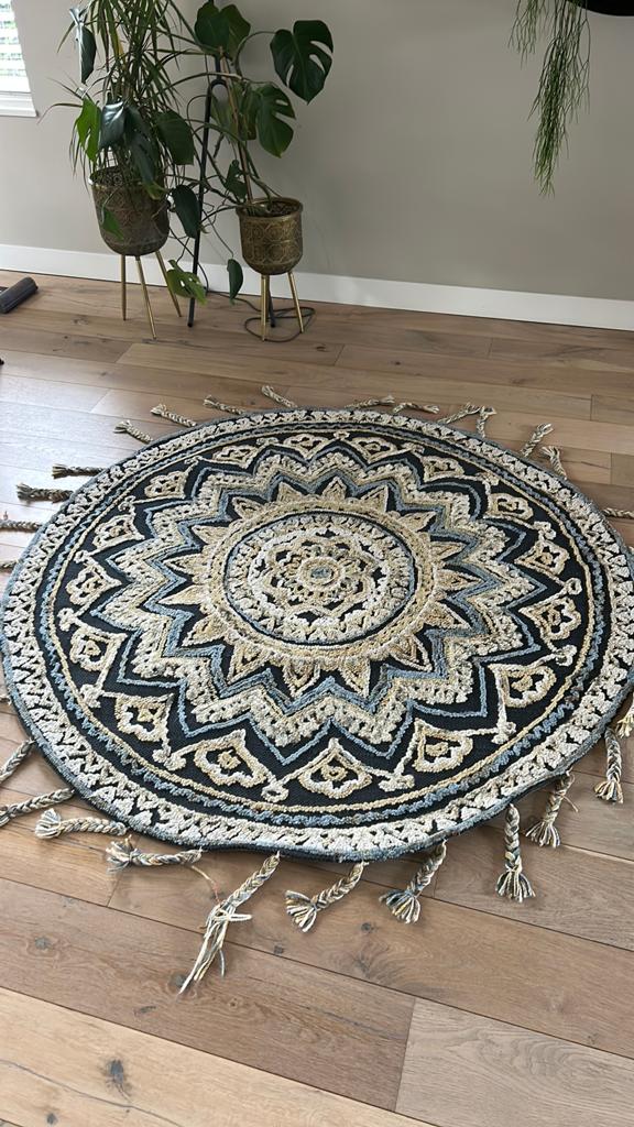 Vloerkleed, wol/katoen, blauw/beige, rond, Huis en Inrichting, Stoffering | Tapijten en Kleden, Ophalen, Beige, 150 tot 200 cm