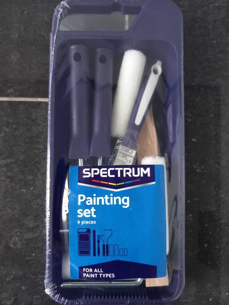 Set van 9, verfbak rolhouders rollers kwast roerstaaf nieuw!, Ophalen of Verzenden, Nieuw, Verfroller