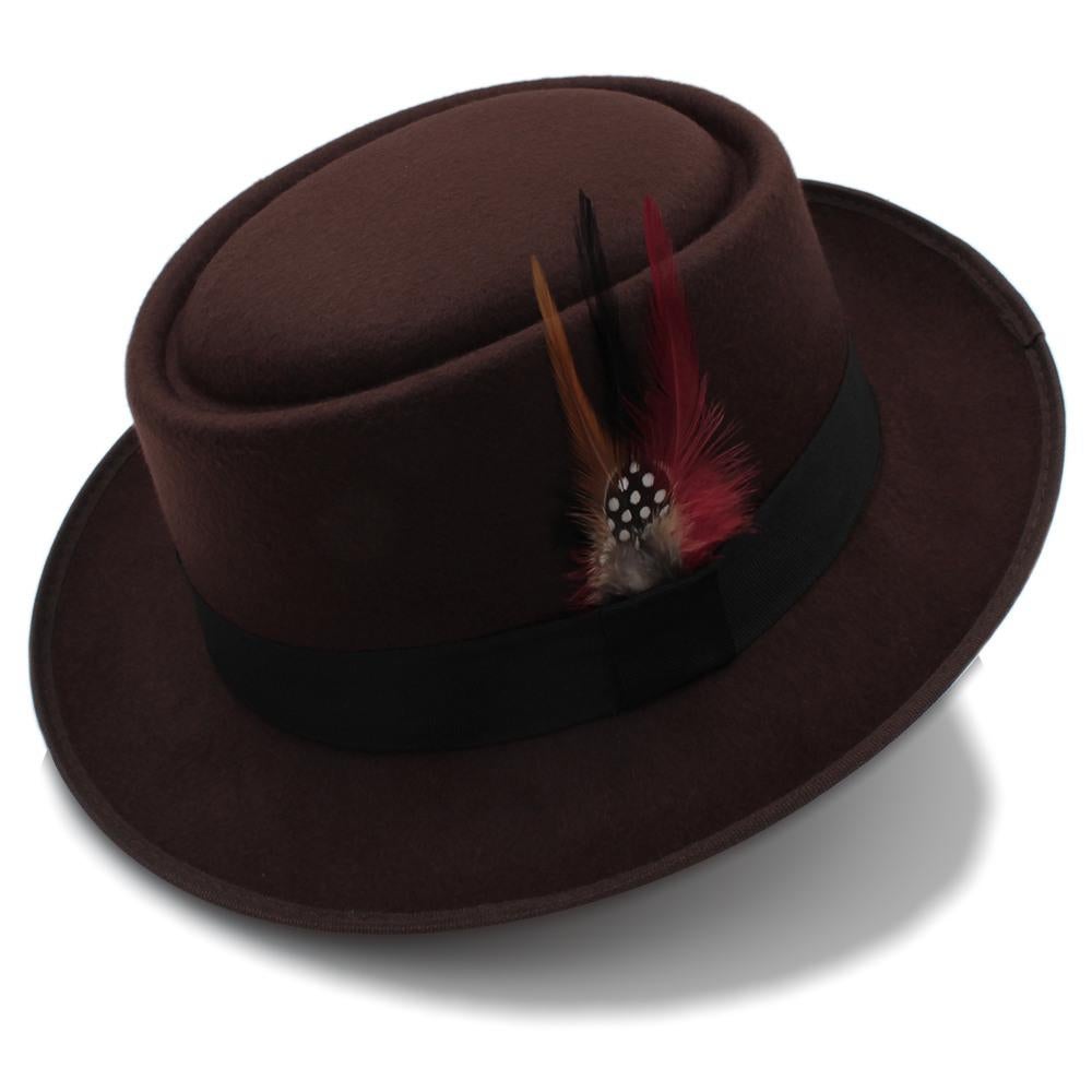 Bruine pork pie hoed met veer / heren dames wollen fedora, Verzenden, Nieuw, Hoed