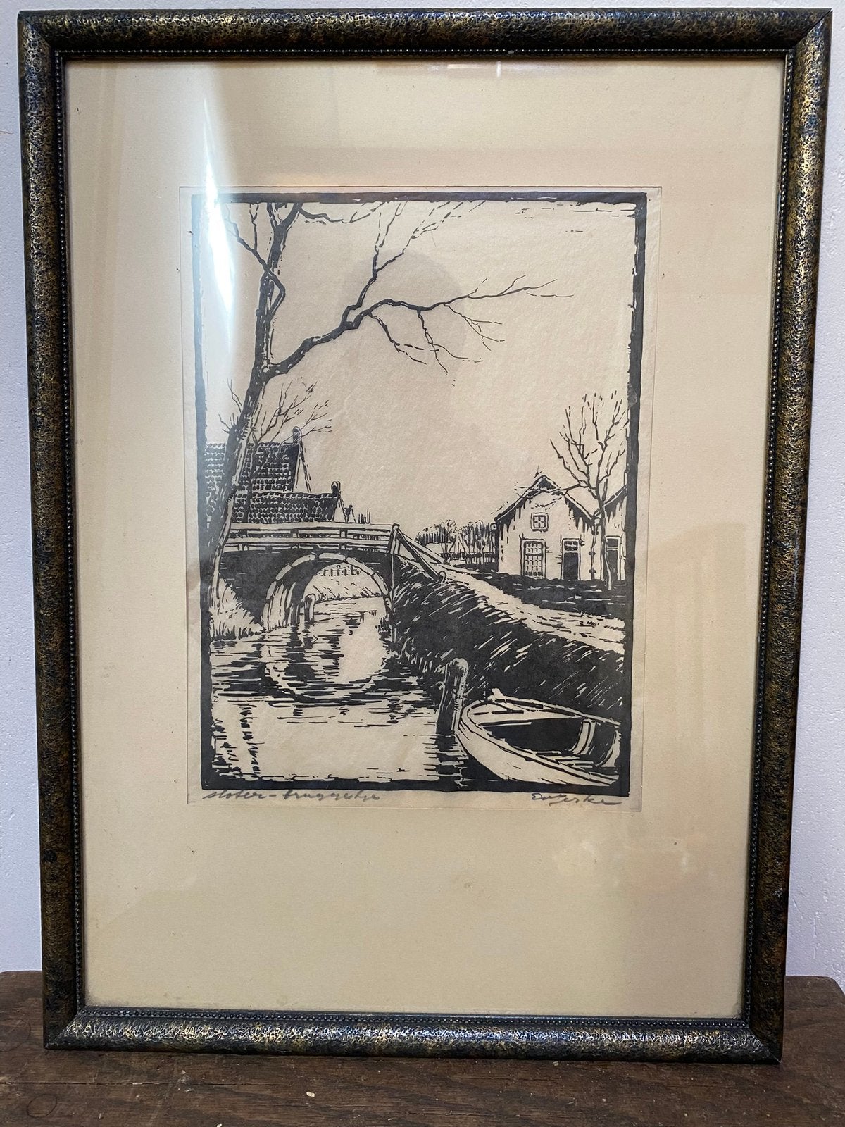 Sloter bruggetje, Ed Jeska, Antiek en Kunst, Stadsgezicht, Ophalen of Verzenden, Gesigneerd, Houtsnede
