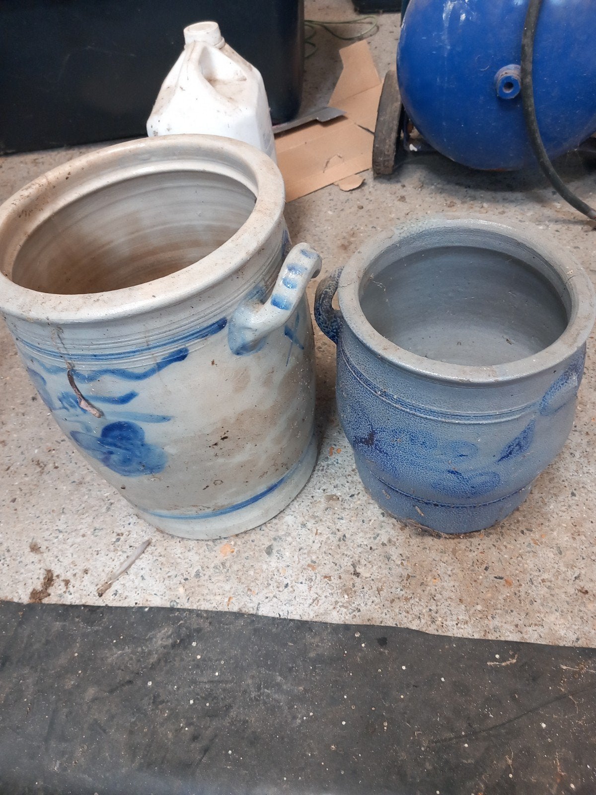 Set van 2 antieke aardewerken potten met blauw decor, Ophalen of Verzenden