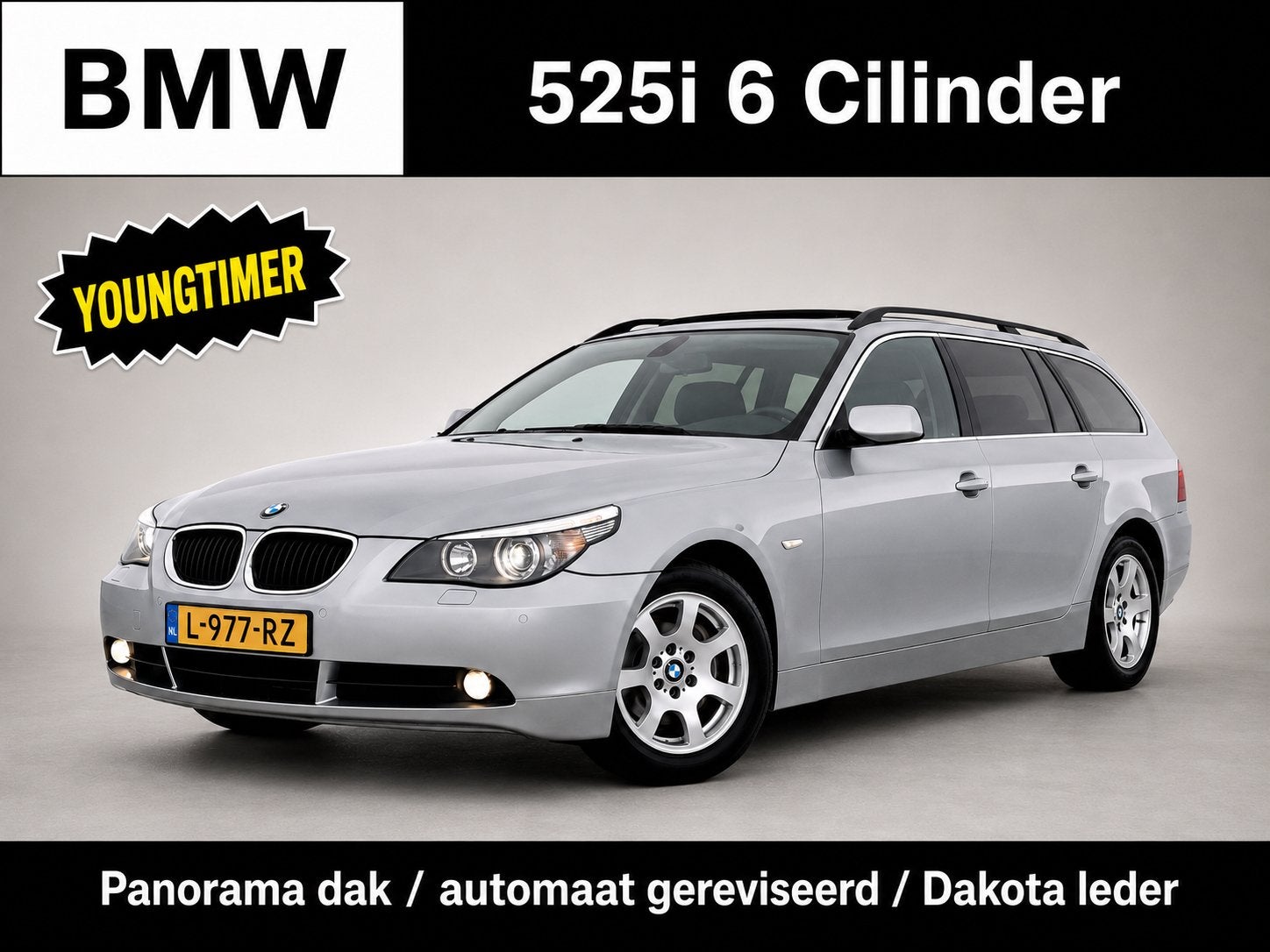 BMW 525i 6 Cilinder Autom, Pano dak, Trekhk, youngtimer, Zwart, 2000 kg, Leder, Stationwagon
