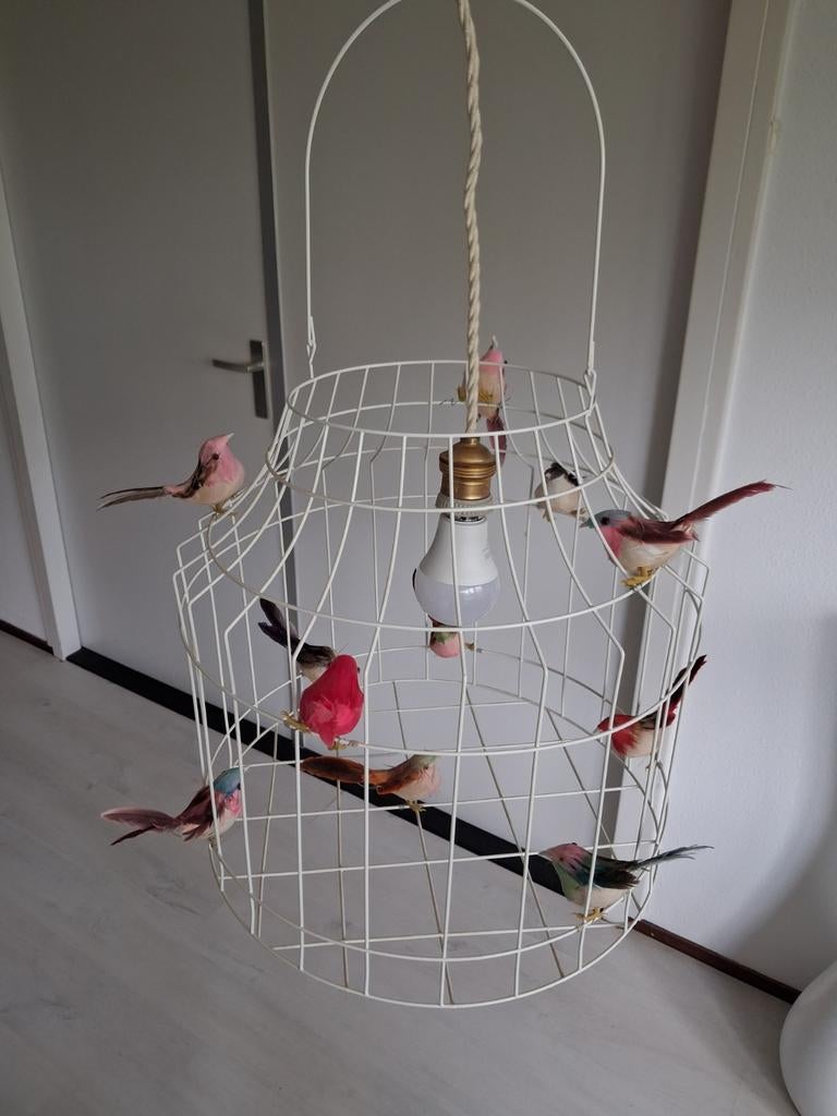 Dutch Design vogelkooi lamp met kunstvogels, Ophalen, Zo goed als nieuw, Landelijk, Brocante, Speels