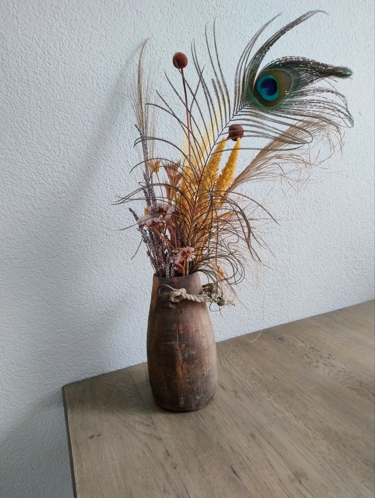 houten kruik met droogbloemen, Ophalen, Zo goed als nieuw