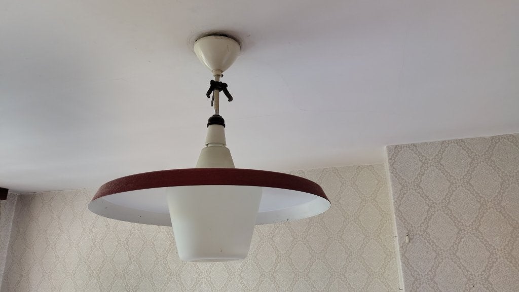 Vintage jaren '70 design Hanglamp (rood/wit, metaal/matglas), Huis en Inrichting, Ophalen, Gebruikt, Glas, Vintage, Jaren '70, Retro, Design