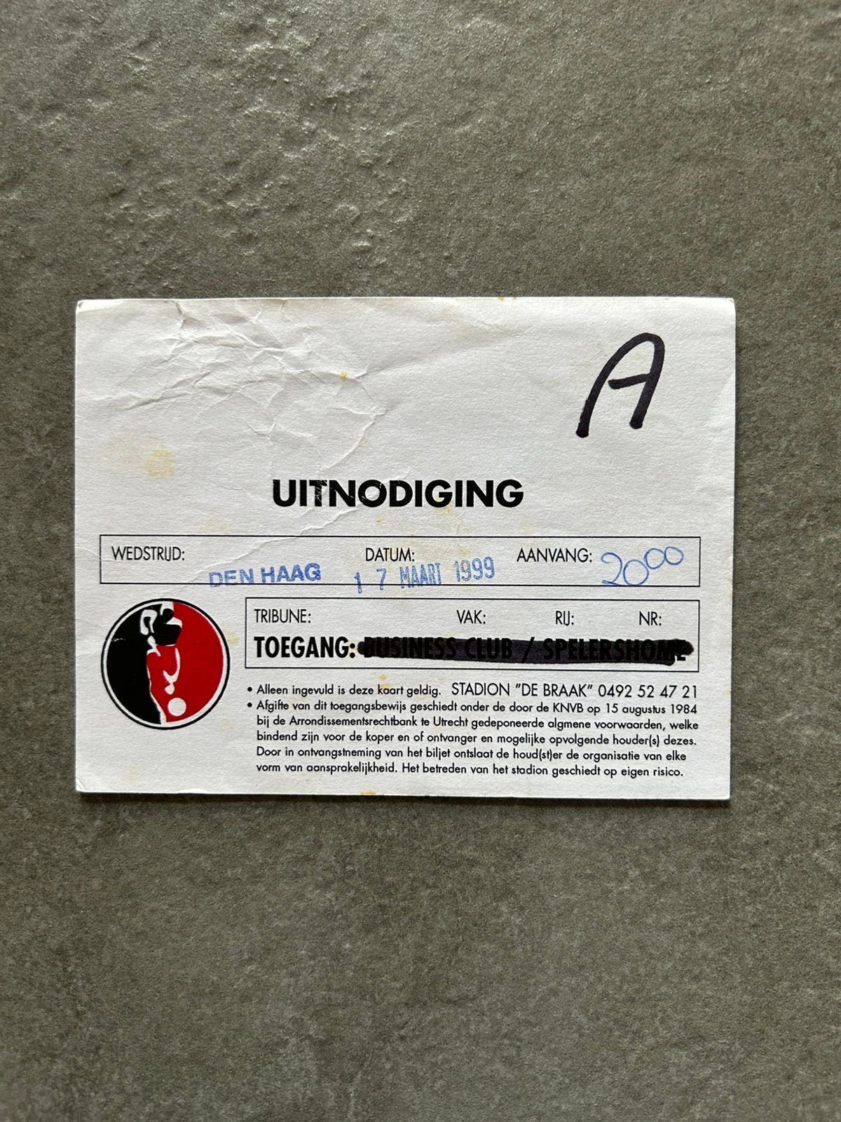 Helmond Sport - FC Den Haag uitnodiging 1999, Ophalen of Verzenden, Gebruikt, Overige binnenlandse clubs, Overige typen