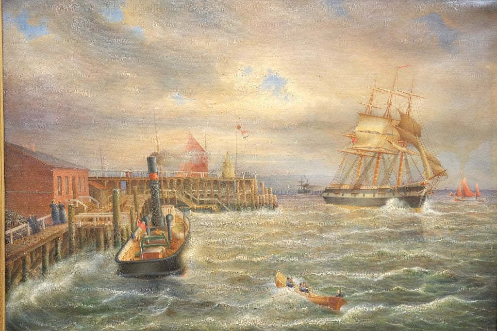Groot schilderij olieverf op doek  Schepen in Cuxhaven, Ophalen, Maritiem / water, Doek, Origineel werk