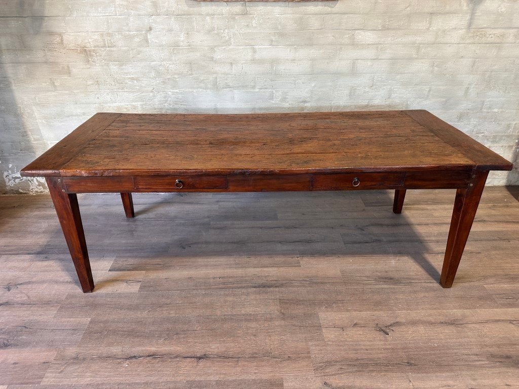 Boerentafel met 2 lades - 230 x 98 cm + 80 cm hoog, Huis en Inrichting, 200 cm of meer, Vijf personen of meer, Gebruikt, Eikenhout