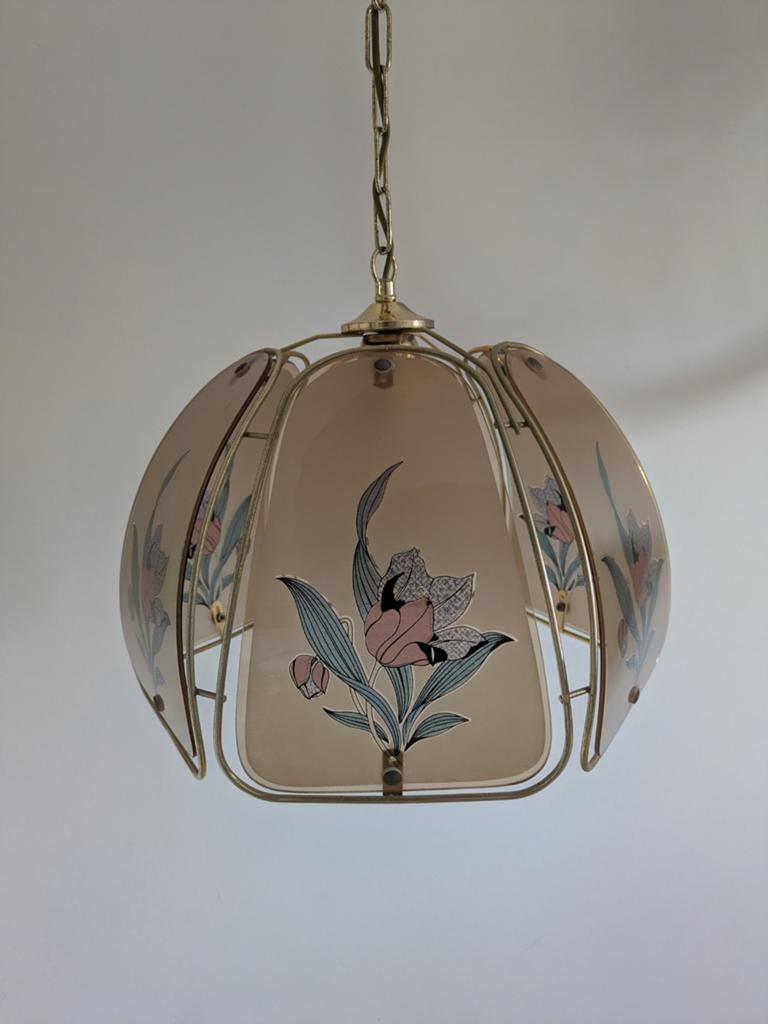 Vintage Plafondlamp met Bloemmotief - Jaren '70 Stijl, Ophalen, Gebruikt, Vintage, Jaren '70, Retro, Glas
